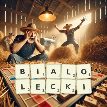 Kreatywna ilustracja do gry w Scrabble ze słowem BIALOLECKI ułożonym z płytek na planszy.