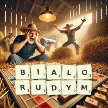 Kreatywna ilustracja do gry w Scrabble ze słowem BIALORUDYM ułożonym z płytek na planszy.
