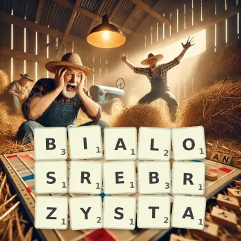 Kreatywna ilustracja do gry w Scrabble ze słowem BIALOSREBRZYSTA ułożonym z płytek na planszy.
