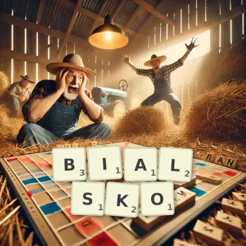 Kreatywna ilustracja do gry w Scrabble ze słowem BIALSKO ułożonym z płytek na planszy.