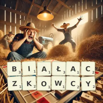 Kreatywna ilustracja do gry w Scrabble ze słowem BIAŁACZKOWCY ułożonym z płytek na planszy.