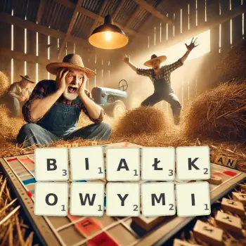 Kreatywna ilustracja do gry w Scrabble ze słowem BIAŁKOWYMI ułożonym z płytek na planszy.