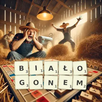 Kreatywna ilustracja do gry w Scrabble ze słowem BIAŁOGONEM ułożonym z płytek na planszy.
