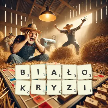 Kreatywna ilustracja do gry w Scrabble ze słowem BIAŁOKRYZI ułożonym z płytek na planszy.