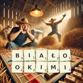 Kreatywna ilustracja do gry w Scrabble ze słowem BIAŁOOKIMI ułożonym z płytek na planszy.