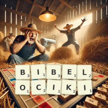 Kreatywna ilustracja do gry w Scrabble ze słowem BIBELOCIKI ułożonym z płytek na planszy.