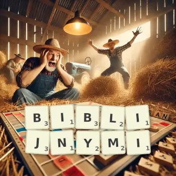 Kreatywna ilustracja do gry w Scrabble ze słowem BIBLIJNYMI ułożonym z płytek na planszy.