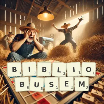 Kreatywna ilustracja do gry w Scrabble ze słowem BIBLIOBUSEM ułożonym z płytek na planszy.