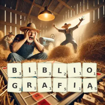 Kreatywna ilustracja do gry w Scrabble ze słowem BIBLIOGRAFIĄ ułożonym z płytek na planszy.
