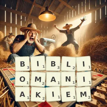 Kreatywna ilustracja do gry w Scrabble ze słowem BIBLIOMANIAKIEM ułożonym z płytek na planszy.