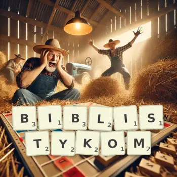 Kreatywna ilustracja do gry w Scrabble ze słowem BIBLISTYKOM ułożonym z płytek na planszy.