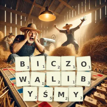 Kreatywna ilustracja do gry w Scrabble ze słowem BICZOWALIBYŚMY ułożonym z płytek na planszy.