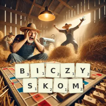 Kreatywna ilustracja do gry w Scrabble ze słowem BICZYSKOM ułożonym z płytek na planszy.