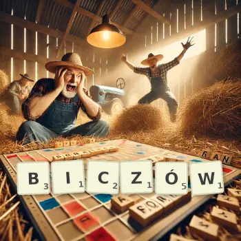 Kreatywna ilustracja do gry w Scrabble ze słowem BICZÓW ułożonym z płytek na planszy.