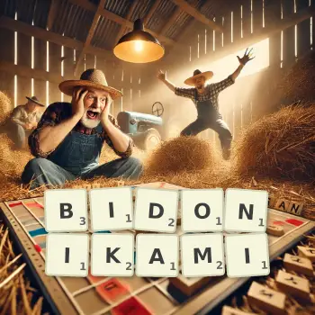 Kreatywna ilustracja do gry w Scrabble ze słowem BIDONIKAMI ułożonym z płytek na planszy.