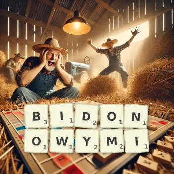 Kreatywna ilustracja do gry w Scrabble ze słowem BIDONOWYMI ułożonym z płytek na planszy.