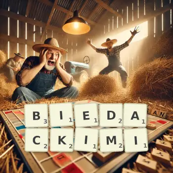 Kreatywna ilustracja do gry w Scrabble ze słowem BIEDACKIMI ułożonym z płytek na planszy.