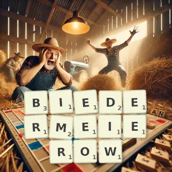 Kreatywna ilustracja do gry w Scrabble ze słowem BIEDERMEIEROW ułożonym z płytek na planszy.
