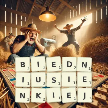 Kreatywna ilustracja do gry w Scrabble ze słowem BIEDNIUSIENKIEJ ułożonym z płytek na planszy.