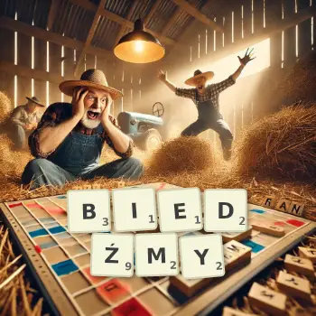 Kreatywna ilustracja do gry w Scrabble ze słowem BIEDŹMY ułożonym z płytek na planszy.