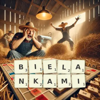 Kreatywna ilustracja do gry w Scrabble ze słowem BIELANKAMI ułożonym z płytek na planszy.