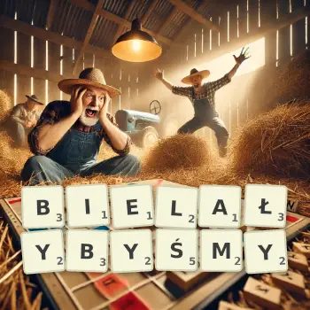 Kreatywna ilustracja do gry w Scrabble ze słowem BIELAŁYBYŚMY ułożonym z płytek na planszy.