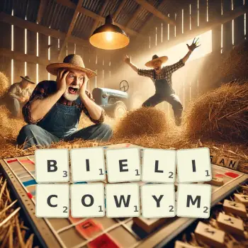 Kreatywna ilustracja do gry w Scrabble ze słowem BIELICOWYM ułożonym z płytek na planszy.