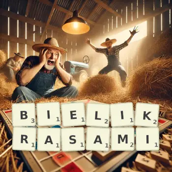 Kreatywna ilustracja do gry w Scrabble ze słowem BIELIKRASAMI ułożonym z płytek na planszy.