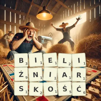 Kreatywna ilustracja do gry w Scrabble ze słowem BIELIŹNIARSKOŚĆ ułożonym z płytek na planszy.
