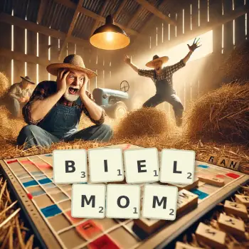 Kreatywna ilustracja do gry w Scrabble ze słowem BIELMOM ułożonym z płytek na planszy.
