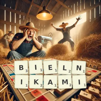 Kreatywna ilustracja do gry w Scrabble ze słowem BIELNIKAMI ułożonym z płytek na planszy.