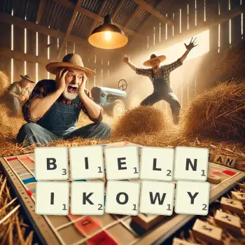 Kreatywna ilustracja do gry w Scrabble ze słowem BIELNIKOWY ułożonym z płytek na planszy.
