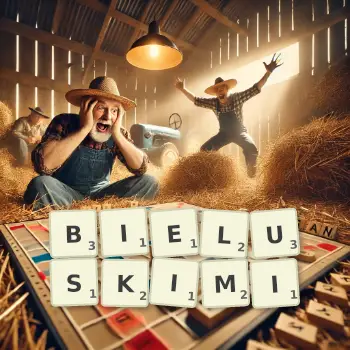 Kreatywna ilustracja do gry w Scrabble ze słowem BIELUSKIMI ułożonym z płytek na planszy.