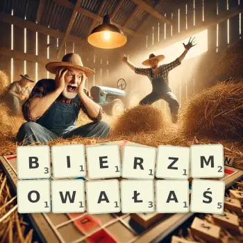 Kreatywna ilustracja do gry w Scrabble ze słowem BIERZMOWAŁAŚ ułożonym z płytek na planszy.