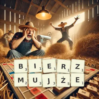 Kreatywna ilustracja do gry w Scrabble ze słowem BIERZMUJŻE ułożonym z płytek na planszy.