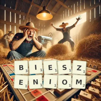 Kreatywna ilustracja do gry w Scrabble ze słowem BIESZENIOM ułożonym z płytek na planszy.