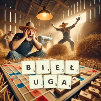 Kreatywna ilustracja do gry w Scrabble ze słowem BIEŁUGA ułożonym z płytek na planszy.