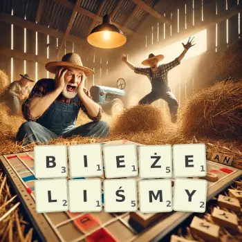 Kreatywna ilustracja do gry w Scrabble ze słowem BIEŻELIŚMY ułożonym z płytek na planszy.