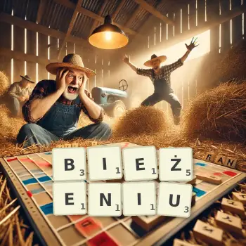 Kreatywna ilustracja do gry w Scrabble ze słowem BIEŻENIU ułożonym z płytek na planszy.