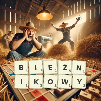 Kreatywna ilustracja do gry w Scrabble ze słowem BIEŻNIKOWY ułożonym z płytek na planszy.
