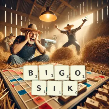 Kreatywna ilustracja do gry w Scrabble ze słowem BIGOSIK ułożonym z płytek na planszy.