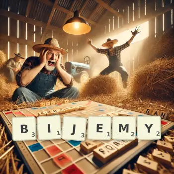 Kreatywna ilustracja do gry w Scrabble ze słowem BIJEMY ułożonym z płytek na planszy.