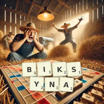 Kreatywna ilustracja do gry w Scrabble ze słowem BIKSYNA ułożonym z płytek na planszy.