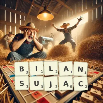 Kreatywna ilustracja do gry w Scrabble ze słowem BILANSUJĄC ułożonym z płytek na planszy.