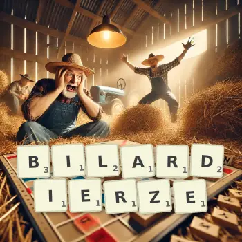 Kreatywna ilustracja do gry w Scrabble ze słowem BILARDIERZE ułożonym z płytek na planszy.