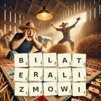 Kreatywna ilustracja do gry w Scrabble ze słowem BILATERALIZMOWI ułożonym z płytek na planszy.