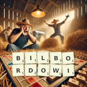 Kreatywna ilustracja do gry w Scrabble ze słowem BILBORDOWI ułożonym z płytek na planszy.