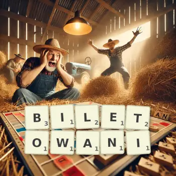 Kreatywna ilustracja do gry w Scrabble ze słowem BILETOWANI ułożonym z płytek na planszy.