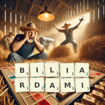 Kreatywna ilustracja do gry w Scrabble ze słowem BILIARDAMI ułożonym z płytek na planszy.