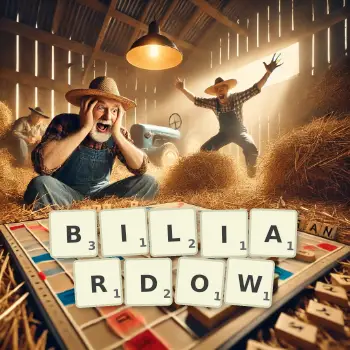 Kreatywna ilustracja do gry w Scrabble ze słowem BILIARDOW ułożonym z płytek na planszy.